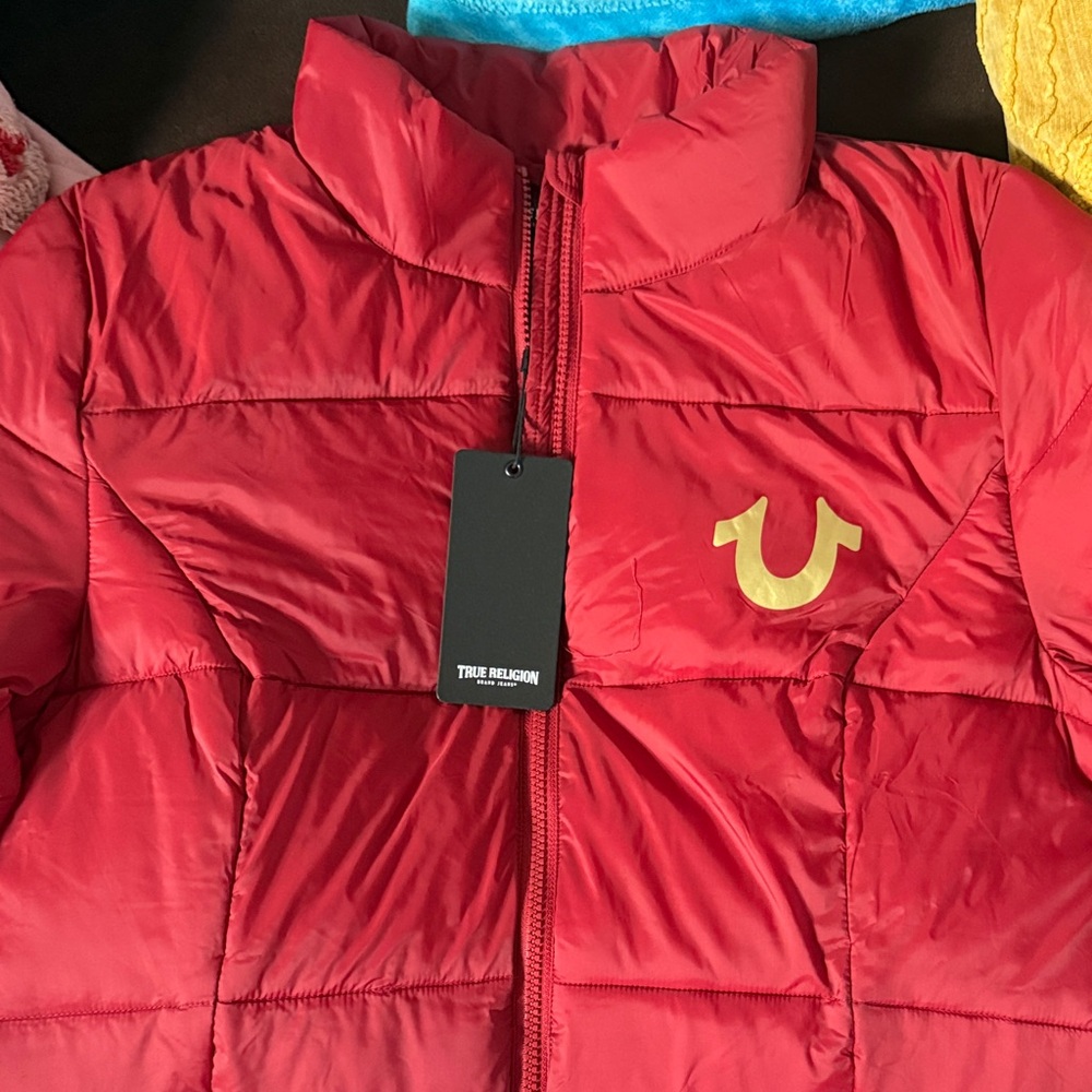 True Religion women’s  Red Puffer Coat with Gold Logo